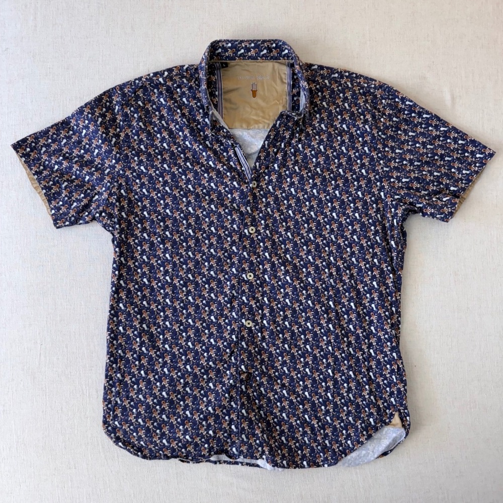 Luchiano Visconti Button Down Shirt Mens Large‎ Blue Diver Print Short Sleeve